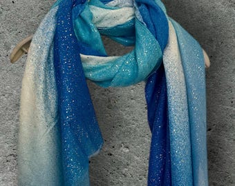 Luxury Blue Gradients Scarf with Shimmering Details,Ideal for Evening Events,Wedding,Anniversary.Perfect Gifts for Her Birthday or Christmas
