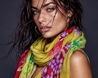Spring Florals Summer Yellow Scarf for Women,Elegant Lightweight Cotton Shawl,Soft Sheer Wrap,Thoughtful Gift for Her