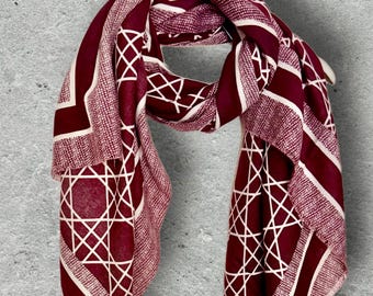 Burgundy Geometric Scarf,Wine Red Abstract Print,Autumn Shoulder Wrap,Cream Border Shawl for Women,Thoughtful Gifts for Her