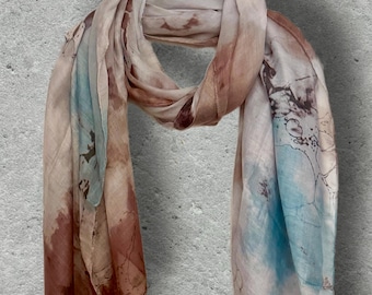 Brown & Light Blue Ink Abstract Cotton Scarf,Sheer Watercolor Brushstroke Wrap, Earthy Neutral Boho Summer Shawl