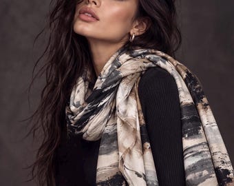 Black Camel Brushstroke Scarf, Cream Grey Abstract Wrap, Ultra Soft Cotton Viscose Shawl, Neutral Artistic Autumn Scarf, Gifts for Her