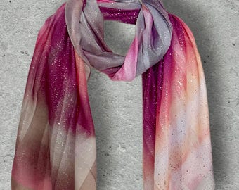 Shimmering Pink Gradient Cotton Scarf, Lightweight Glitter Shawl,Watercolor Ombre Wrap,Unique Gift for Her