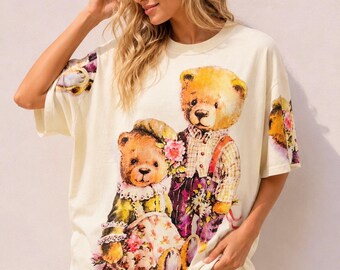 Vintage Teddy Bear Graphic Organic Cotton T-Shirt,Cute Cottagecore Bear Tee,Floral Teddy Print Shirt.