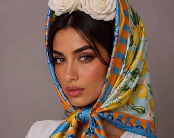 Italian Lemon Print Silk Satin Square Bandana Scarf,Mediterranean Citrus Neck Tie,Hair and Head Wrap,Handbag Ribbon,Summer Gift for Her
