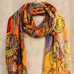 ECO Friendly Sketched Flowers Leaves Organic Cotton Purple Orange Scarf/Spring Summer Autumn Scarf/Gifts For Mother/Birthday Christmas Gifts