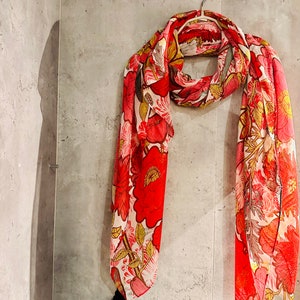 Red Pink Organic Cotton Scarf with Sketched Flowers and Leaves.An Eco-Friendly and Thoughtful Gift for Mom, Ideal for Birthday and Christmas image 3