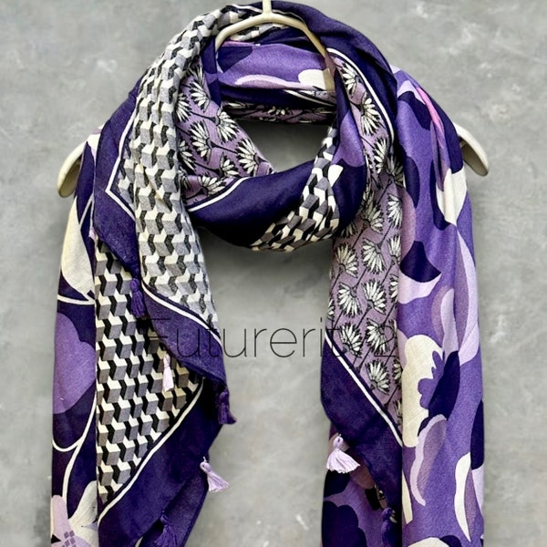 Versatile Purple Cotton Scarf with Seamless Flowers Pattern and Tassels – Ideal for Gifting to Her or Mom Year-Round