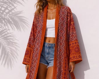 Red Bohemian Cotton Long Kimono Coat with Belt,Handmade Boho Duster Jacket,Festival Maxi Cardigan,Vintage Inspired Cotton Robe for Women