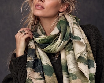 Forest Green Brushstroke Scarf, Abstract Autumn Wrap, Cream Camel Cotton Viscose Shawl, Artistic Women’s Accessory, Gift for Her