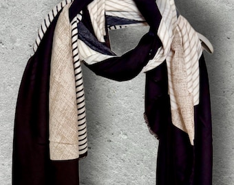 Abstract Geometric Black Cream Scarf, Colour Block Shawl with Grey Stripes, Autumn Winter Wrap For Women
