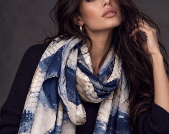 Navy Blue Abstract Scarf, Powder Blue Cream Brushstroke Wrap, Cotton Viscose Artistic Shawl, Contemporary Women’s Autumn Accessory