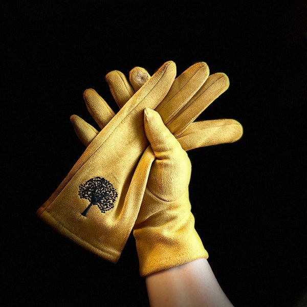 Gants jaune moutarde avec mûrier brodé pour femme, gants d'hiver, gants en daim stretch, cadeaux pour maman, elle, anniversaire et Noël