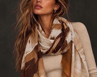 Chocolate Brown Painted Scarf, Caramel Cream Abstract Wrap, Earth Tone Cotton Viscose Shawl, Modern Autumn Accessory, Women’s Gift