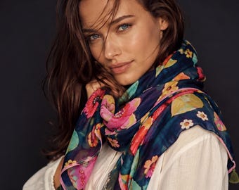 Black Floral Butterfly Cotton Scarf,Colourful Botanical Wrap for Women,Lightweight Boho Summer Shawl,Artistic Fashion Gift for Her