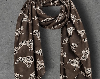 Chocolate Brown Leopard Print Scarf, Lightweight Autumn Wrap, Neutral Animal Motif Shawl, Great Gifts for Her