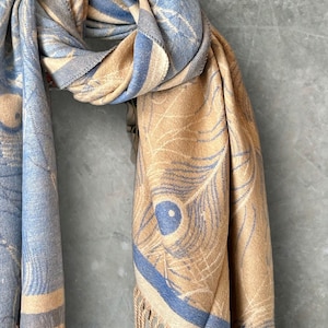 Cashmere Scarf in Light Blue and Beige with Feather Pattern,Winter Scarf,A Luxurious Gift for Mom,Her,Birthday and Christmas. image 2