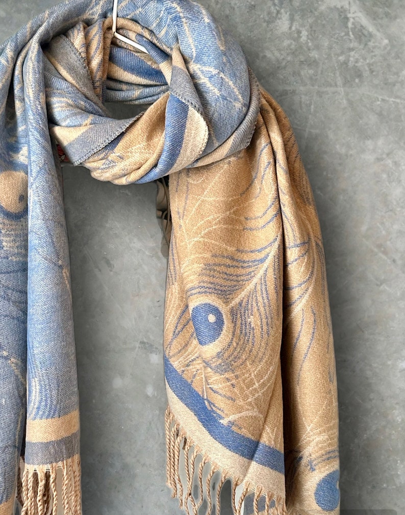 Cashmere Scarf in Light Blue and Beige with Feather Pattern,Winter Scarf,A Luxurious Gift for Mom,Her,Birthday and Christmas. image 2