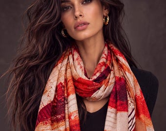 Red Beige Brushstroke Scarf, Burnt Orange Artistic Wrap, Abstract Cotton Viscose Shawl, Vibrant Fall Fashion, Statement Women’s Scarf