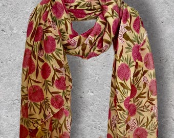 Desert Bloom Botanical Floral Cotton Yellow Scarf,Spring Summer Womens Wrap,Bohemian Inspired Shawl,Soft Elegant Gift for Her