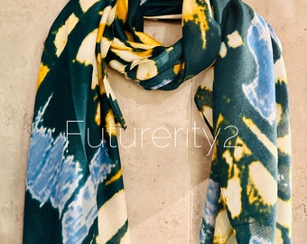 Green Blue Organic Cotton Scarf with Butterfly Wing Texture – An Eco-Friendly and Unique Gift for Mom, Perfect for Birthday and Christmas