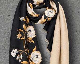 Black & Champagne Beige Reversible Peony Floral Winter Scarf with Short Fringe, Ultra Soft Shawl for Women,Cozy Gifts for Her