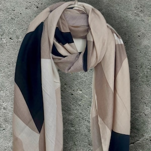 Geometric Beige/Brown/Navy Cotton Scarf for Women,All-Season Wrap Shawl,Ideal Gift for Her Birthday,Girlfriend,Mom or Christmas