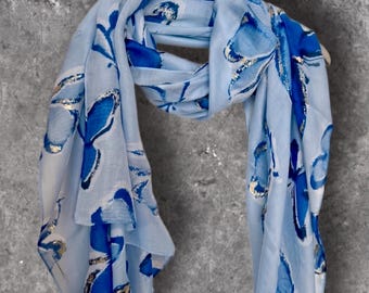 Blue Butterfly Print Lightweight Cotton Scarf,Elegant Summer Shawl with Gold Accents,Soft Airy Wrap for Women.