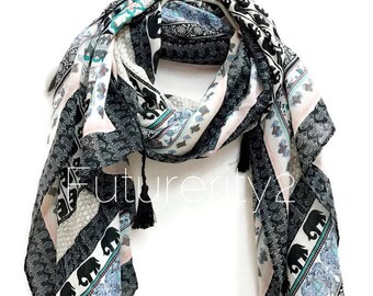 Bohemian Inspired Style Small Elephant Black Trim with Tassels Spring Summer / Autumn Scarf / Fashion Accessories / Gifts For Her / Women Sc