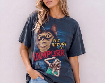 Vampurr Horror Cat Cotton T-Shirt,Funny Halloween Cat Shirt,Unisex Retro Horror Movie Tee,Spooky Black Cat Graphic Shirt