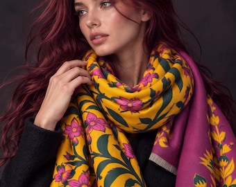 Mustard Yellow and Purple Heritage Garden Floral Reversible Winter Scarf, Warm Shawl for Women, Ideal Christmas Gifts