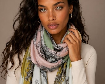 Olive Green White Paisley Long Silk Scarf,Luxury Designer Shawl,Vintage Print Fashion Wrap,Elegant Womens Accessory,Gifts for Her