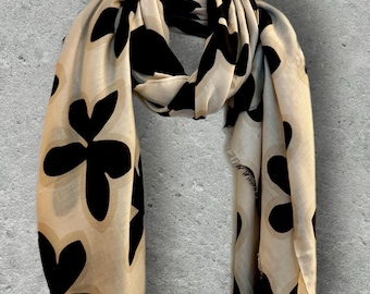 Beige Cotton Scarf with Pink Abstract Floral Pattern,Soft Lightweight Wrap for Women,All Year Round Shawl,Ideal Gifts for Her Birthday.
