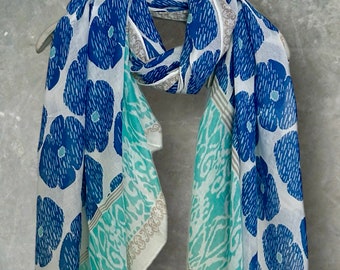 Sciarpa da donna in cotone con papavero blu ispirata a Boho, ideale per lei, compleanno, moglie e Natale, adatta a tutte le stagioni e ogni occasione