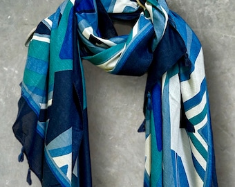 Bufanda de algodón para mujer con patrón geométrico azul con borlas, ideal para todas las estaciones, el mejor regalo para ella, madre, cumpleaños y Navidad.