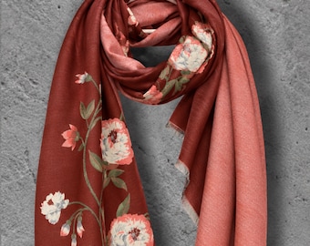 Rust Red & Coral Pink Reversible Peony Winter Scarf, Floral Wrap for Women, Ultra Soft Shawl, Warm Gifts for Her