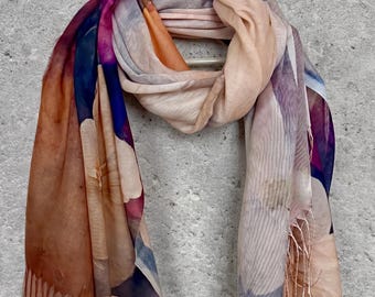 Large Watercolour Poppy Flowers Beige Cotton Scarf for Women, Soft Lightweight Spring Summer Wrap,Gift for Her