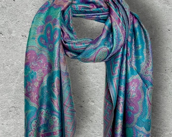 Turquoise Lilac Floral Scarf, Fringed Cotton Viscose Pashmina Style Autumn Winter Wrap