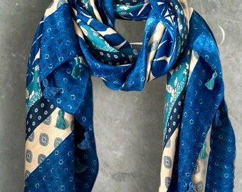 Bohemian Flowers Pattern with Tassels Blue Cotton Scarf/Summer Autumn Scarf/Scarf Women/Gifts For Her Birthday Christmas/Gifts For Mother