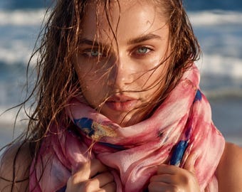 Pink Watercolor Cotton Scarf for Women, Lightweight Summer Shawl with Gold Foil Accents,Soft Artistic Wrap,Thoughtful Gift for Her