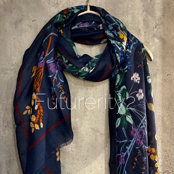 Multi Flowers Stem Blue Cotton Scarf/Spring Summer Autumn Scarf/Gifts For Mum/Gifts For Her/Birthday Christmas Gifts/UK Seller