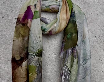 Green Watercolour Poppy Flower Cotton Scarf,Lightweight Boho Shawl for Spring Summer,Great Gifts for Her Birthday or Christmas
