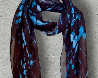 Sheer Navy Blue Tie Dye Cotton Scarf for Women,Abstract Resist Print Summer Wrap,Earthy Boho Lightweight Shawl,Unique Gift for Her
