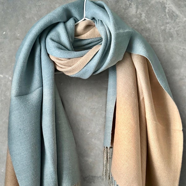 Plain Double-sided Cashmere Scarf in Light Blue and Beige,Winter Scarf for Women,Gift for Mom,Her,Birthday and Christmas.