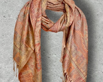 Peach Beige Paisley Scarf, Terracotta Floral Autumn Winter Wrap with Fringe, Cotton Viscose Blend Shawl for Women