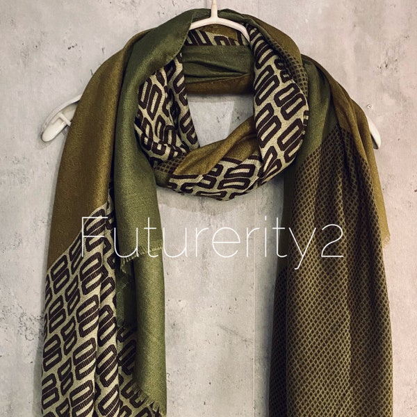 Modern Geo Pattern Olive Green Cotton Viscose Scarf/Summer Autumn Winter Scarf/Gifts For Mother/Gifts For Her Birthday Christmas/UK Seller