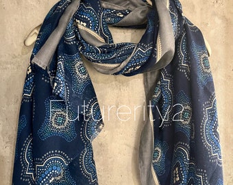 Blue Cotton Scarf with Saree Pattern and Grey Trim – A Unique and Stylish Gift for Her, Perfect for All Seasons and Occasions