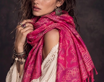 Fuchsia Pink Floral Autumn Winter Scarf, Cotton Viscose Blend Pashmina Style Fringed Women Shawl,Thoughtful Gifts for Her