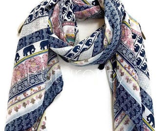 Bohemian Inspired Style Small Elephant Blue Trim With Tassel Scarf/Spring Summer Scarf/Gifts For Her/Women Scarves/Accessories/Handmade
