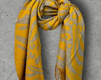Mustard Yellow Winter Scarf, Grey Abstract Animal Print, Reversible Soft Warm Shawl, Cosy Neck Wrap, Statement Gift for Her