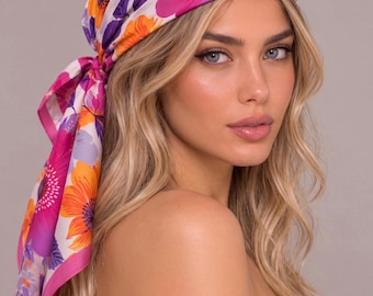 Floral Print Silk Satin Square Bandana Scarf,Pink Orange Flower Neck Tie,Hair and Head Wrap,Gift for Her